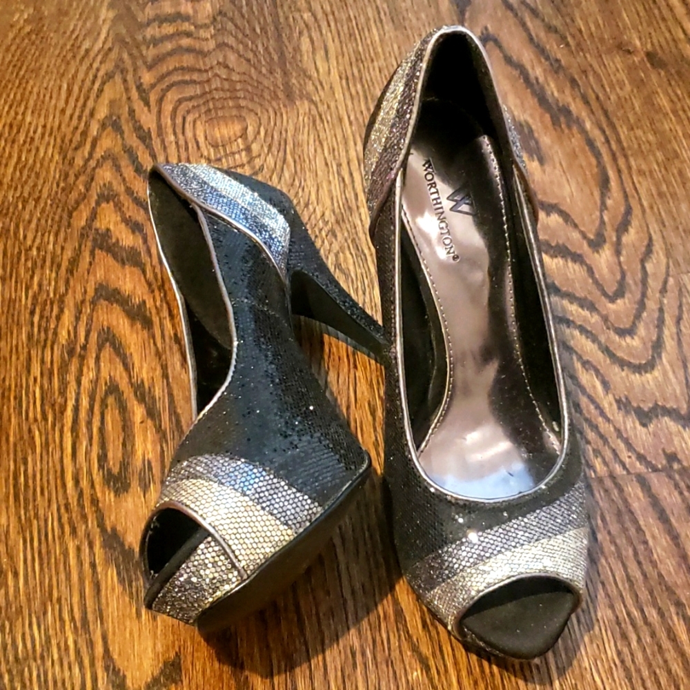 Worthington Silver and black sequined platform heels